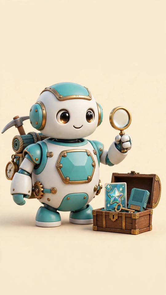 Treasure Hunter robot holding a magnifying glass beside a treasure chest