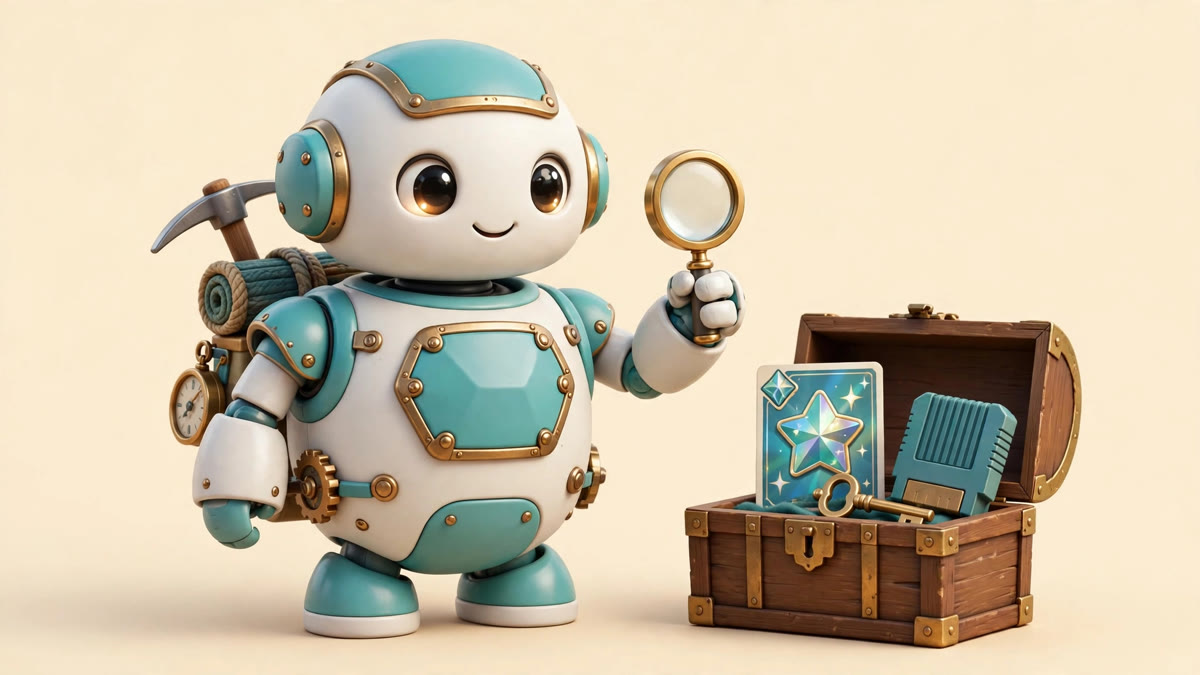 Treasure Hunter robot holding a magnifying glass beside a treasure chest